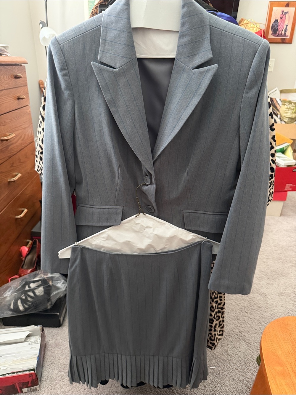 metrostyle Gray Pinstripe Skirt Suit with Pleated Hem